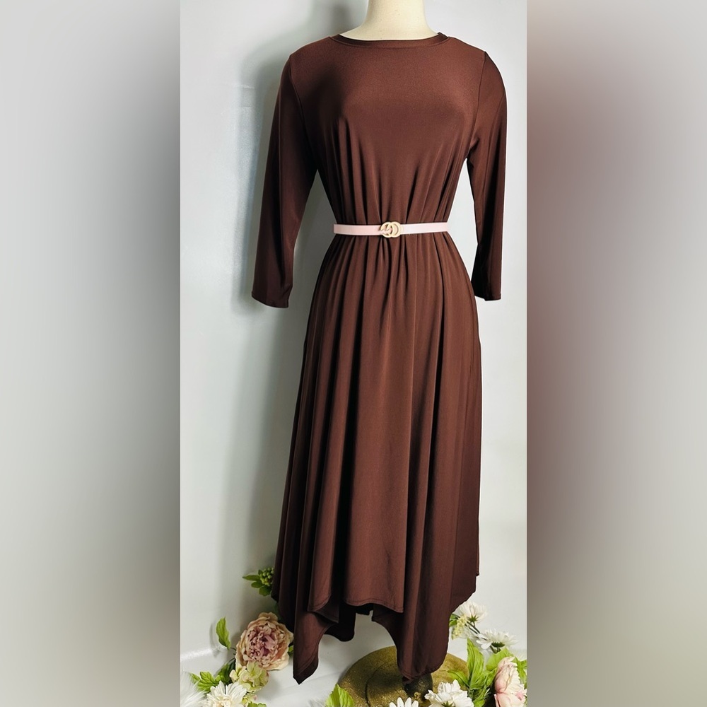 Women's Brown Flowing Long-Sleeve Dress - Picture 2 of 3
